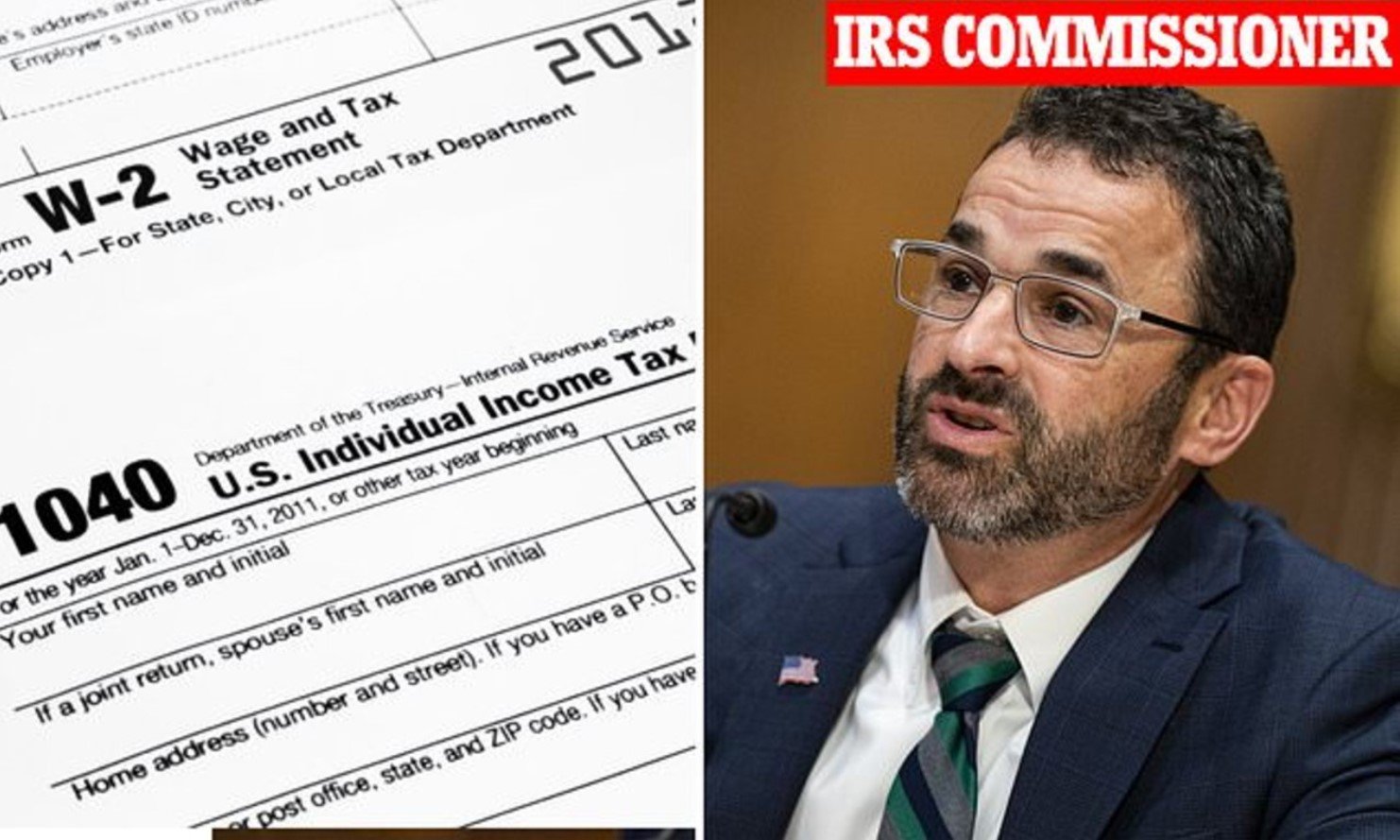 A collage of the 1040 Tax Returns Form and the IRS Commissioner