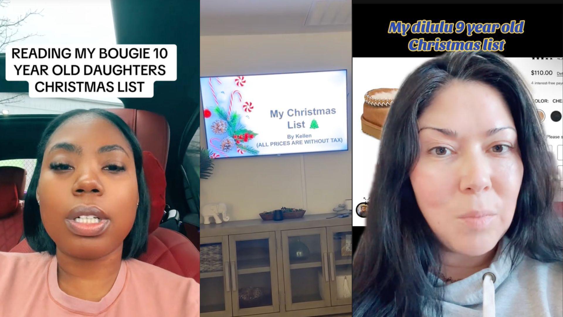 A collage of three images showing parents sharing their children's Christmas wish lists on social media. On the left, a woman in a car appears to speak into the camera with a caption about reading her daughter's high-end list. In the center, a television screen displays a child's festive Christmas list titled "My Christmas List" by Kellen. On the right, another woman looks into the camera, discussing her nine-year-old's expensive requests
