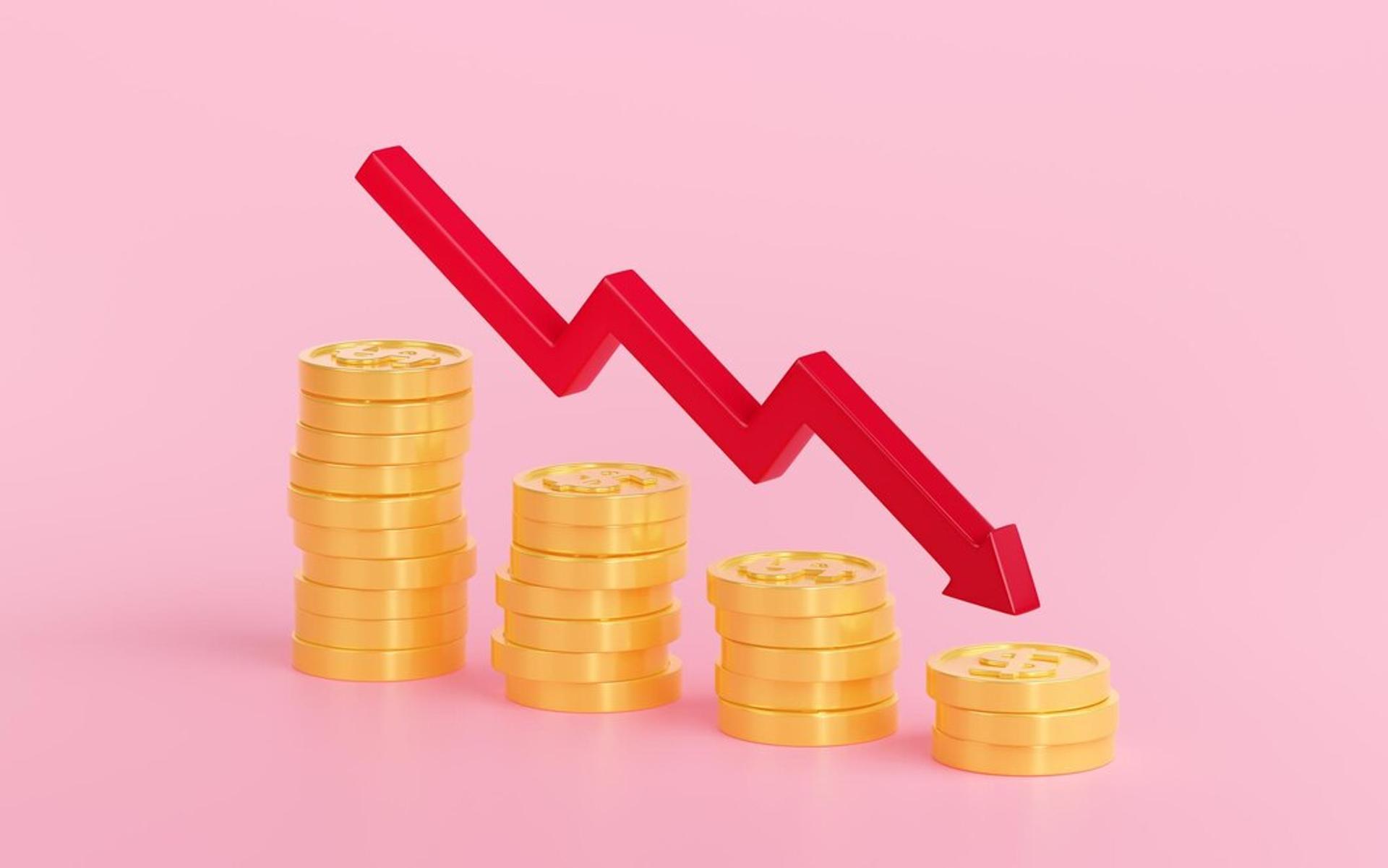 Illustration of coins and a red downturned arrow on a pink background showing deflation