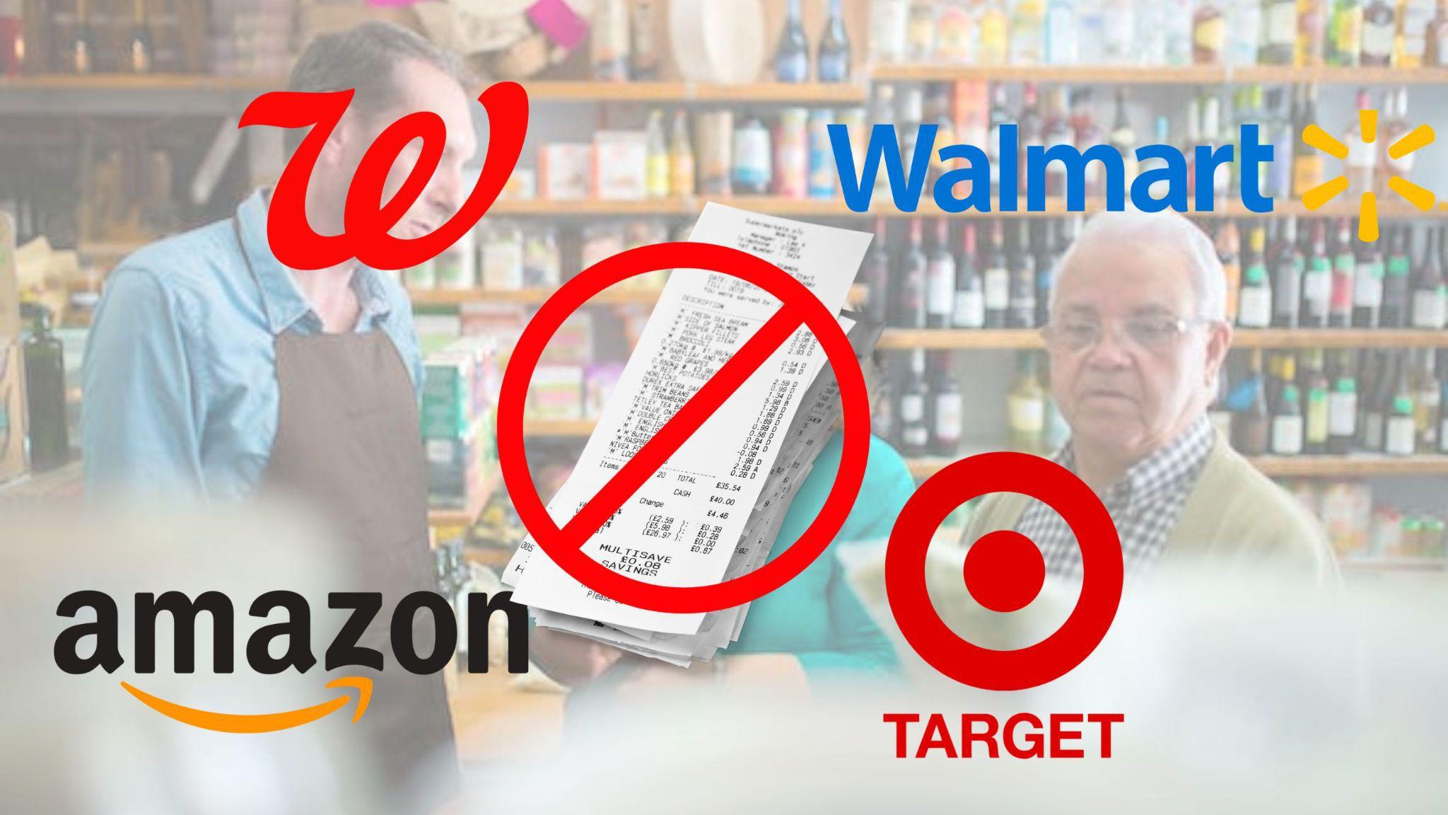 Target, Walgreens, Walmart, and Amazon logos are shown against a background of a customer return. A receipt is overlaying that, with a red “no” sign over it.