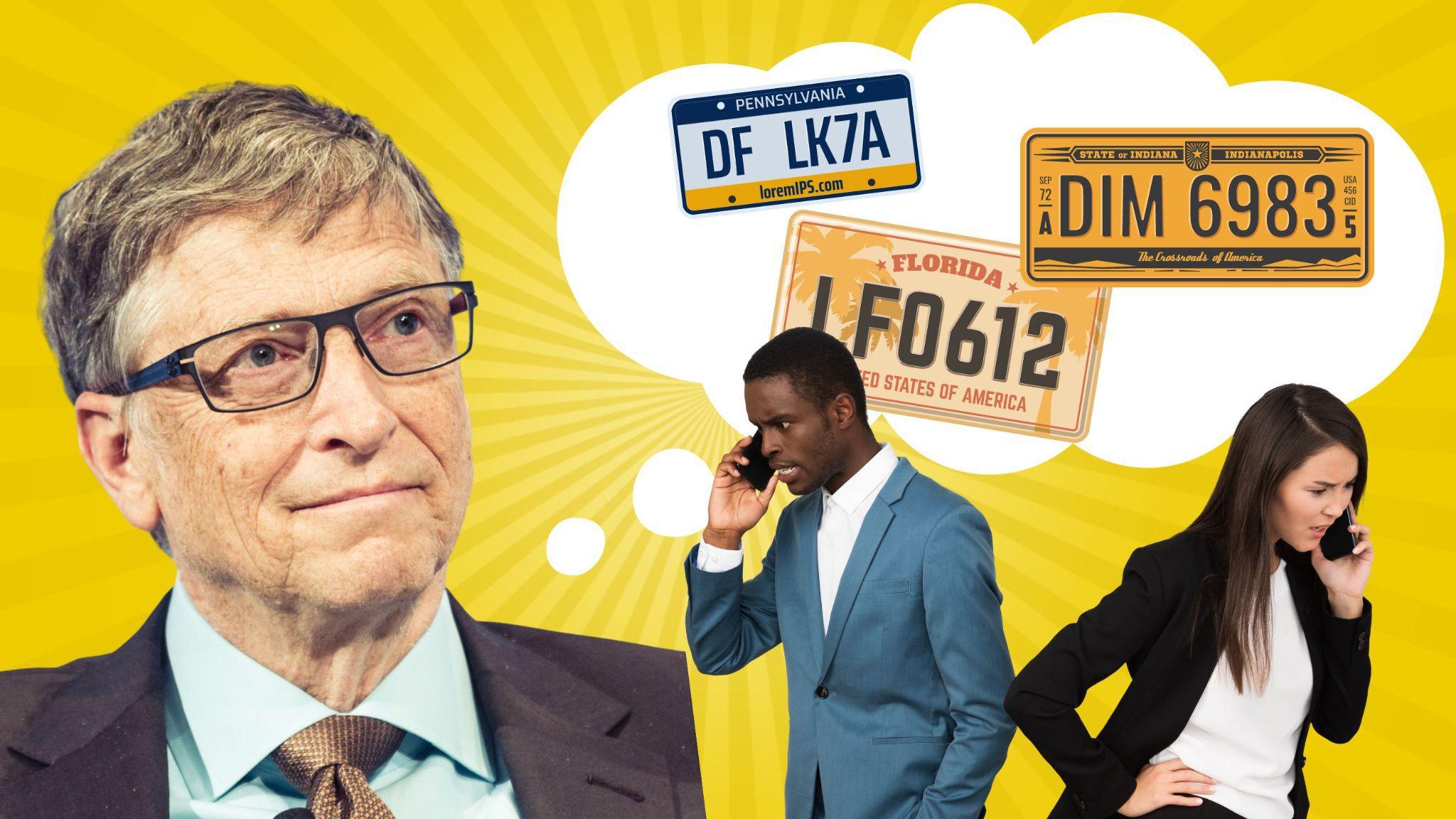 Bill Gates sits on top of a yellow thumbnail background, thinking about license plates. Angry co-workers are also overlaid.