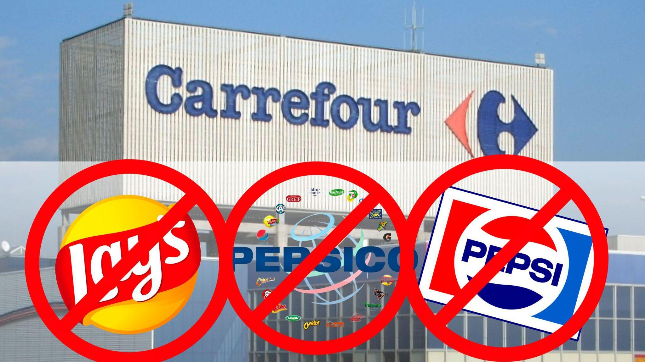 A Carrefour grocery store sits in the background, and is surrounded by PepsiCo labels with “no” signs over them.