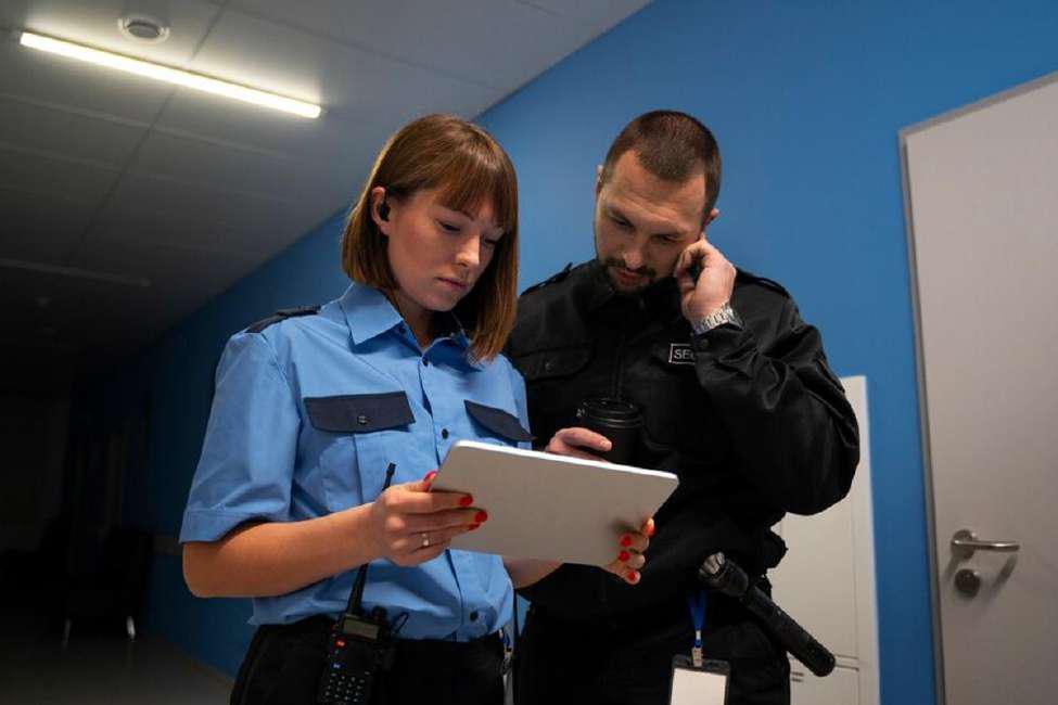 Two police officers look over paperwork at a precinct