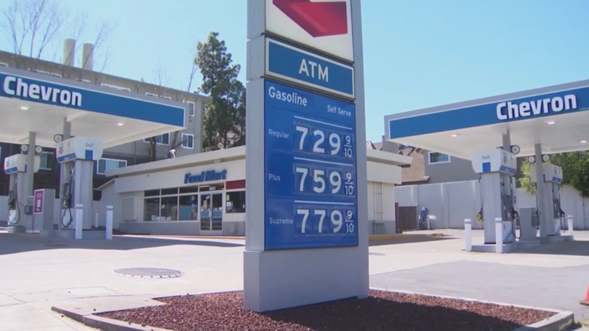 A Chevron gas station displaying a price for regular gas at $7.29 per gallon.