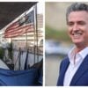 A homeless camp sits under a bridge in San Jose while Newsom smiles while looking at something off camera.