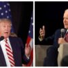 Donald Trump and Joe Biden both look to the side with one hand raised while speaking.