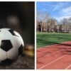 A soccer ball is photographed next to Thomas Jefferson Park in Harlem, New York